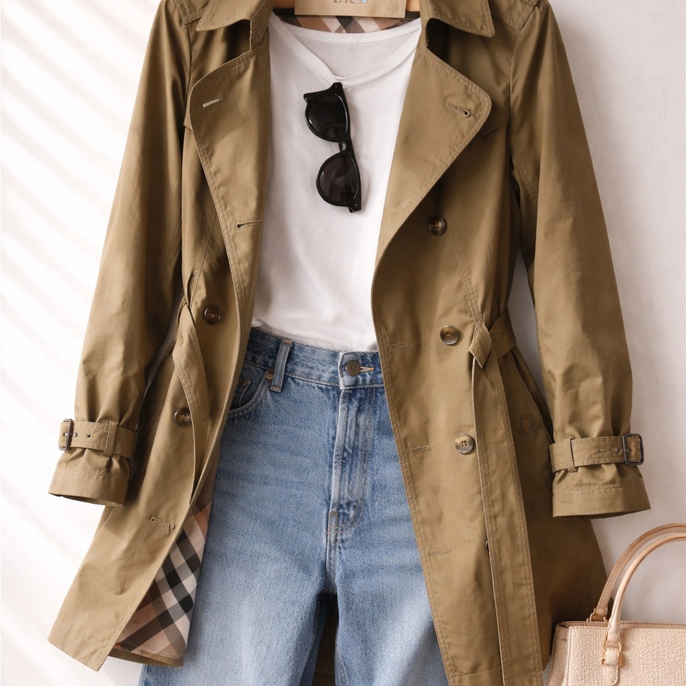 Burberry Brit Khaki Trench Coat Nova Check Lined Belted Classic Women’s Sz 10 - Picture 2 of 11